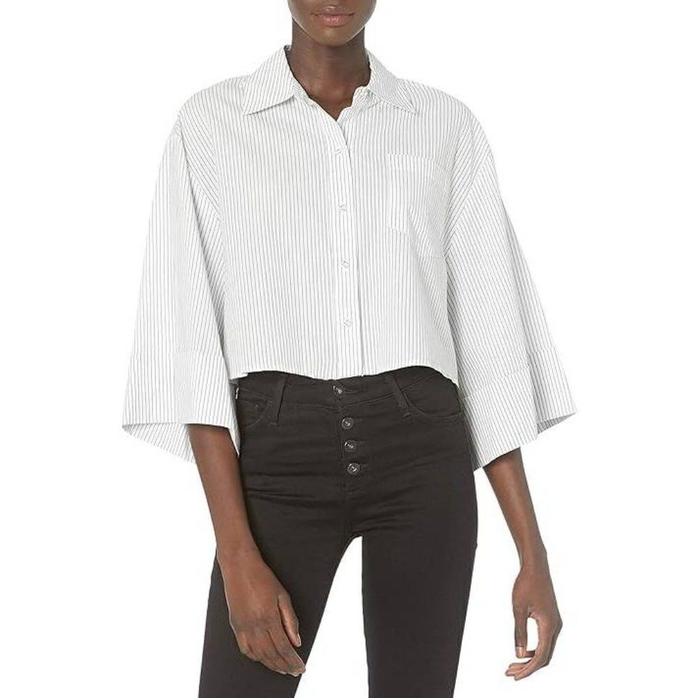 BCBGMAXAZRIA Oversized Cropped Short Sleeve Button Up in Black & White Stripes